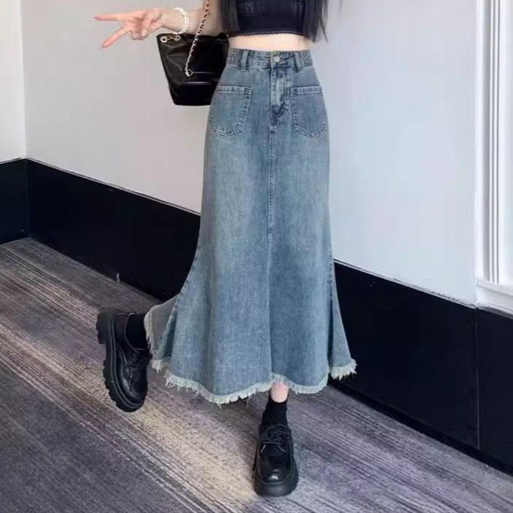 Solid Color Denim Skirt Women High Waist A-line Half Dress Simple Hairy Fishtail Skirt Daily