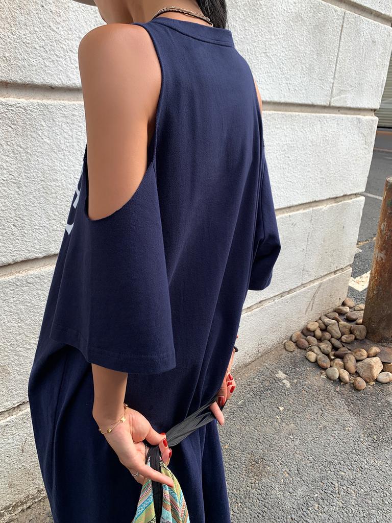 Plus Size Women's Summer Off-shoulder Loose Dress Letter Printing Casual Long T-Shirt Dresses