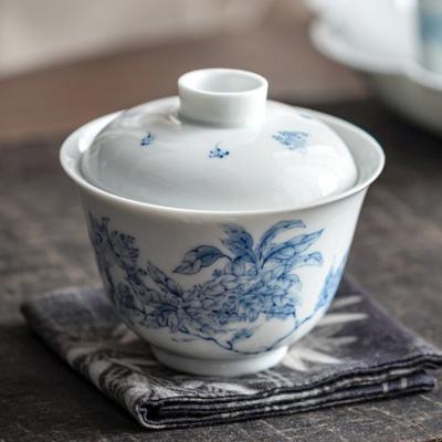 Starožitný modrobílý porcelánový Gaiwan Ručně malovaný jasmínový květ Keramický čínský Gongfu čajový set Domácí příprava Čajová miska s víčkem