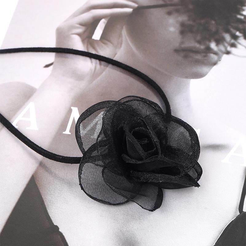 Romantic Pearl Choker Camellia Necklace Black White Summer Clavicle Chain