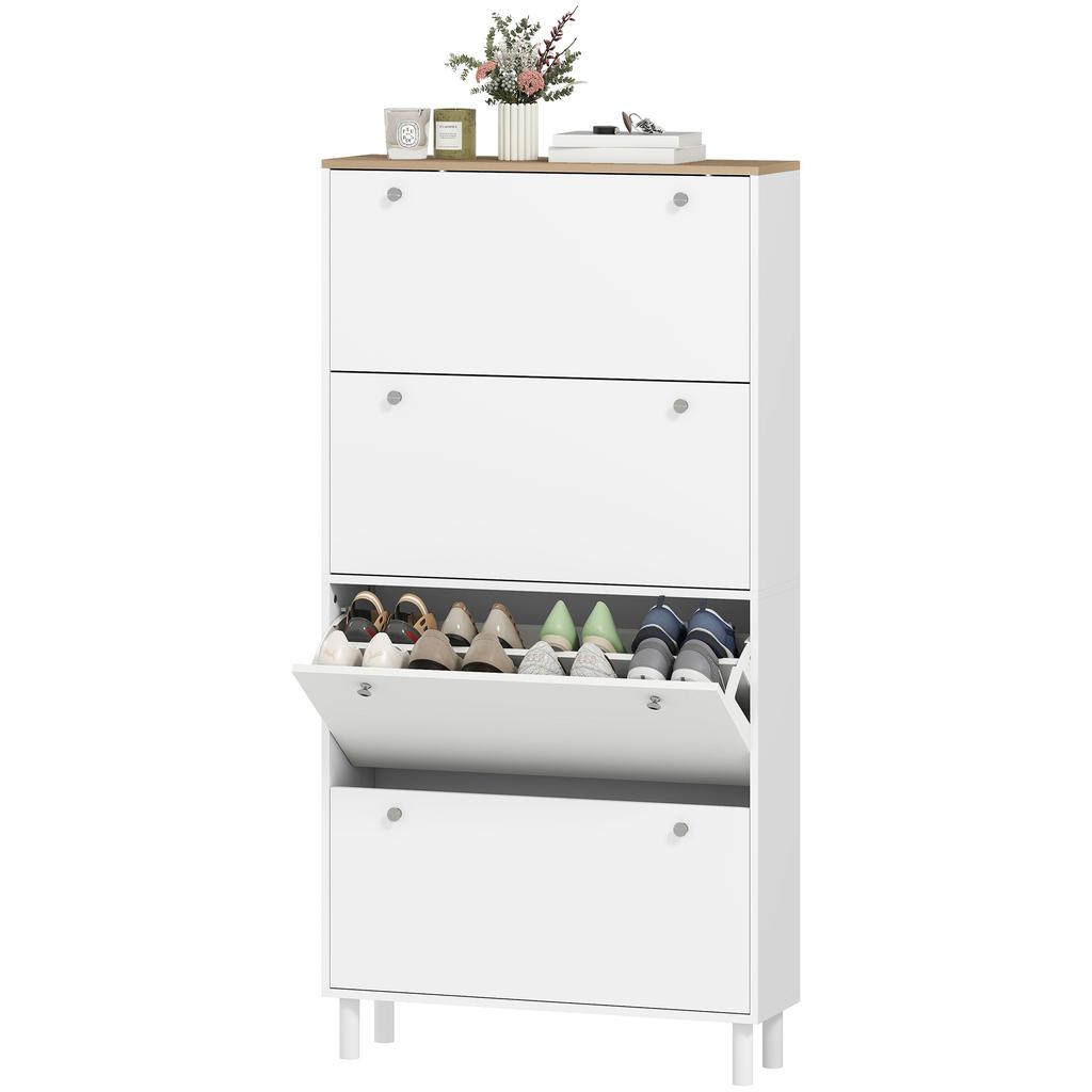 Slim Shoe Rack, 4 Folding Drawers, Adjustable Shelves, 24-32 Shoes, 80x23.5x157cm, White
