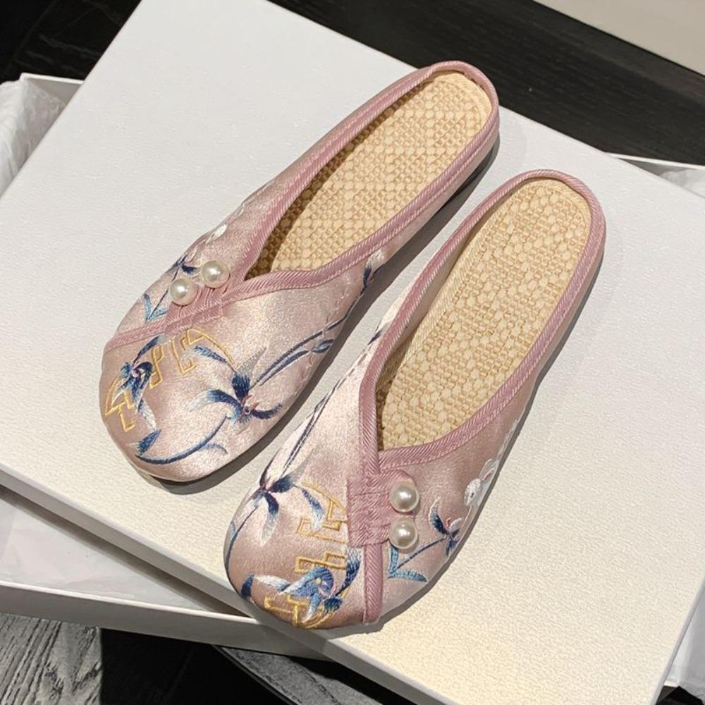 Soft Bottom Embroider Hanfu Slippers Flower Satin Sandals  Hanfu Accessories