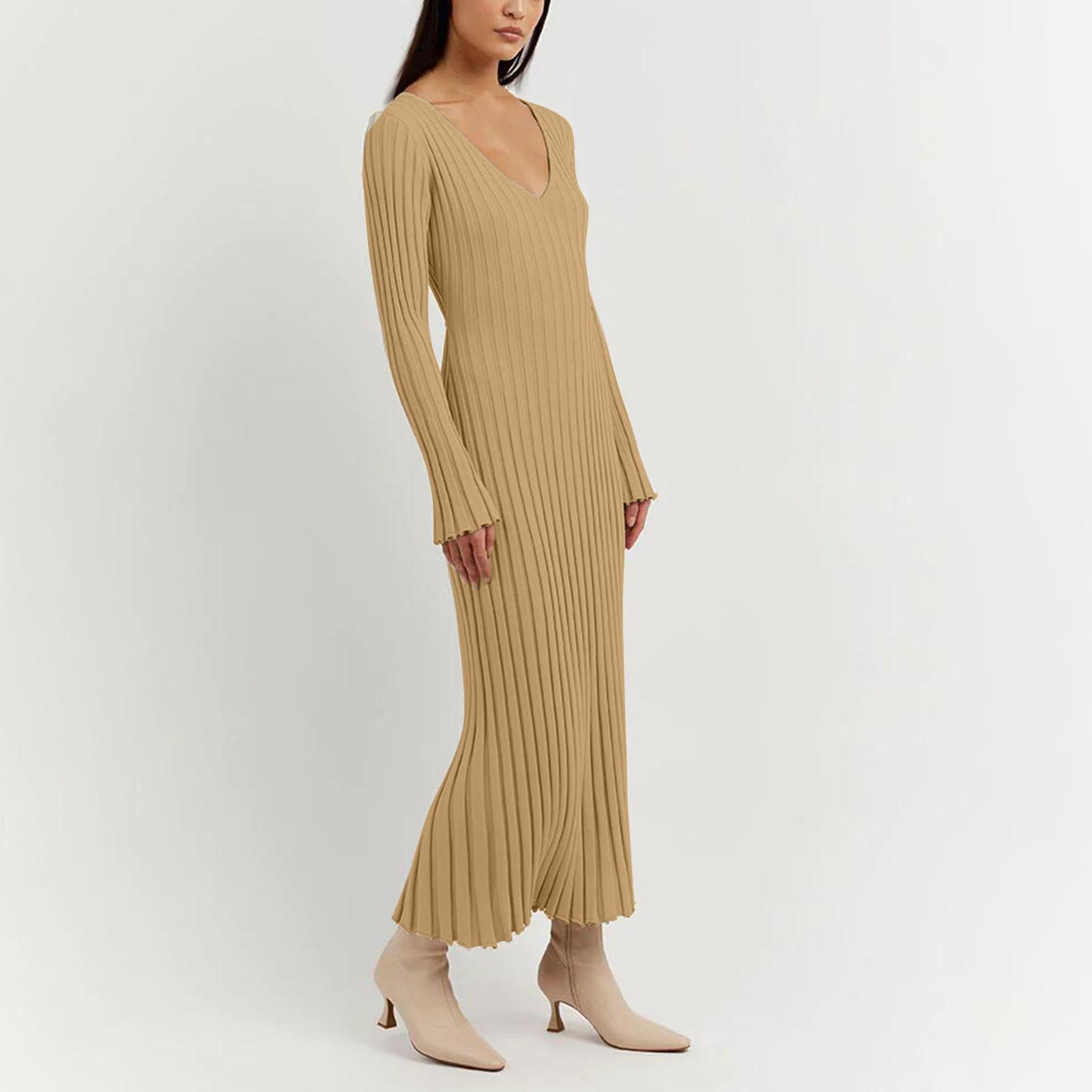 Женское модное повседневное утягивающее однотонное плиссированное платье с v-образным — фото 7