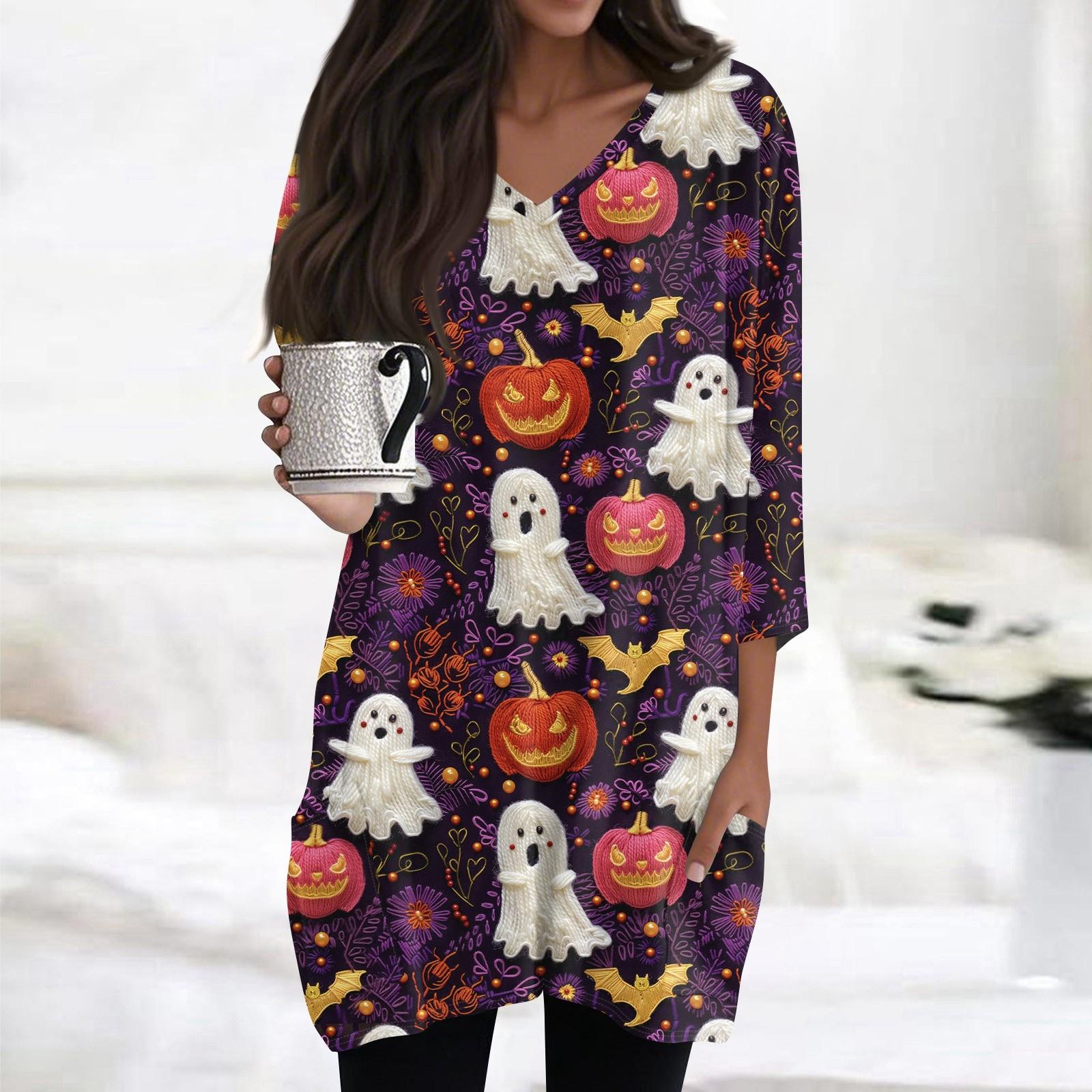 

Женская модная повседневная футболка с принтом на Хэллоуин, V-образным вырезом, средней длины, с карманом, рукавом 3/4 S