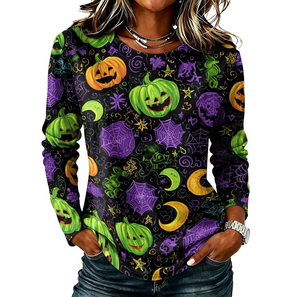 Women's Long Sleeve Top with Round Neck and Halloween Print for Casual Wear and Party