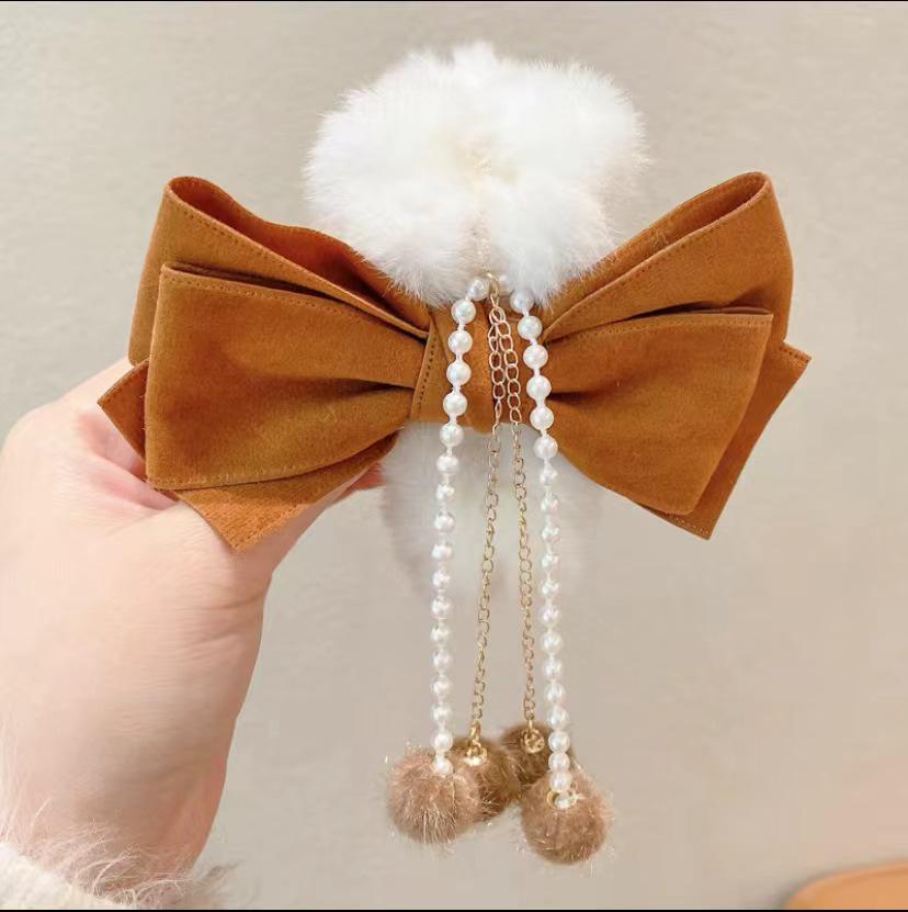 Autumn/Winter Large Pearl Tassel Bow Hair Clip with Plush Shark Design