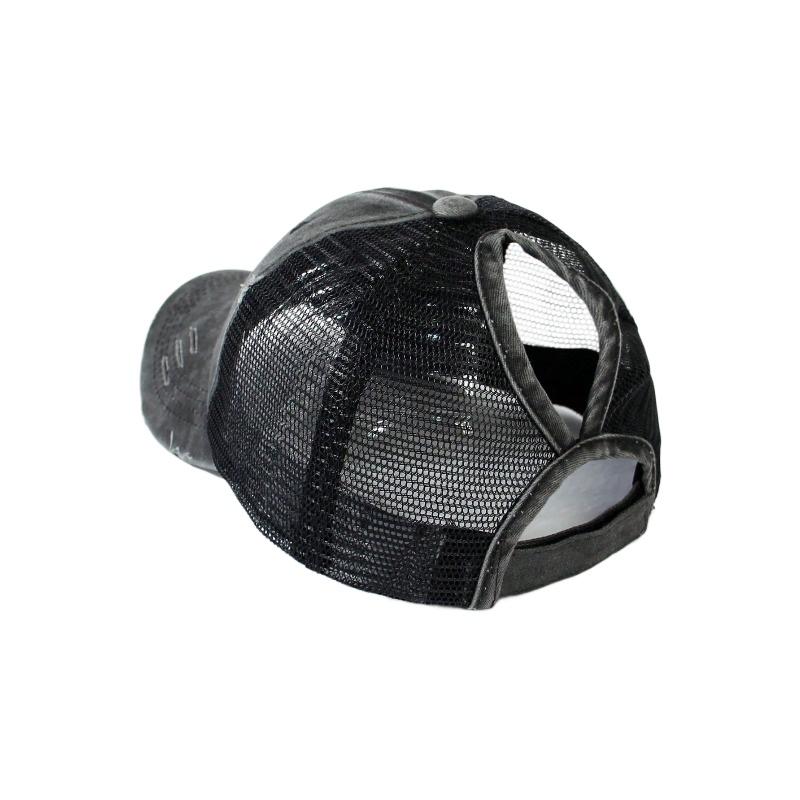 1pc Vintage Ponytail Mesh Baseball Cap,Adjustable Outdoor Sun Protection Washed Distress Trucker Hat,Suitable for Spring/Autumn