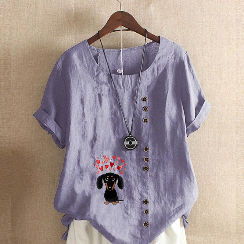 Women's Fashion Love Dog Prined Round Neck Short Sleeve T-shirt Casual Cotton Linen Graphic Shirt Leisure Loose Summer Blouse Tops