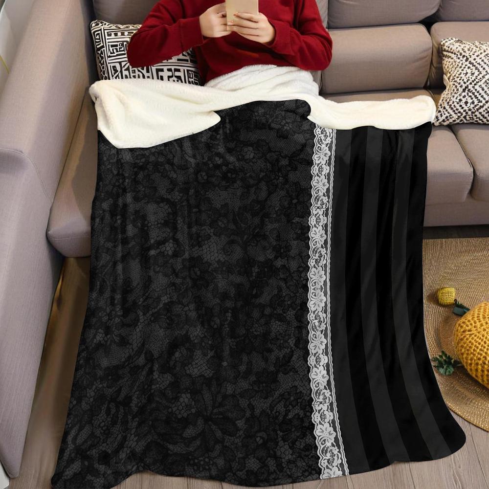 Black Lace Trim Flannel Blanket Warm Soft Halloween Christmas Couch Warm Cozy Decorative Decor Gift for All Season