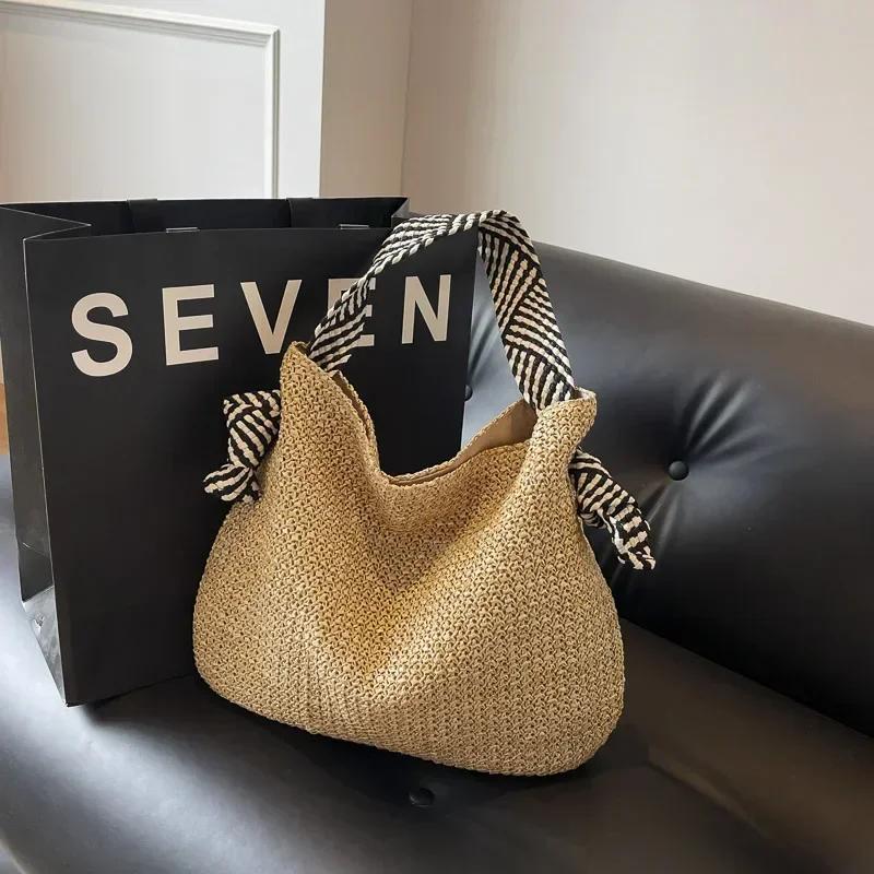 Pevná Slaměná Velkokapacitní Slaměná Dámská Taška přes Rameno Model Seaside Holiday Pletené Tašky Ležérní Všestranná Crossbody Taška