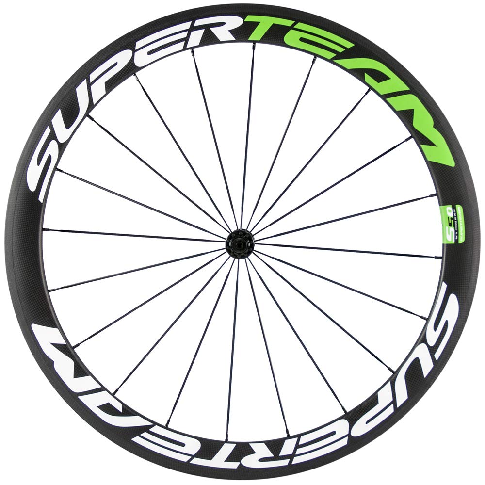 SUPERTEAM 50mm Clincher Wheelset 700c 23mm Road Bike Carbon Wheels (White/Green)