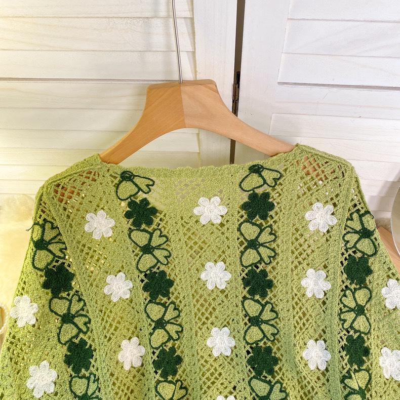 Women's Retro Knit Cardigan - Embroidered Tassel, Hollow Out Design, Loose Fit Sweater for Early Autumn