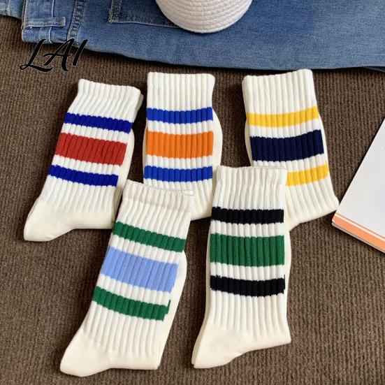 Unisex Mid Calf Socks Mid-calf Sports Socks Cotton Contrast Striped Crew Moisture Versatile Color Wicking Athletic for Autumn And Winter Daily