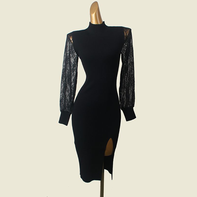 

French Style Small Stand Collar Lace Sleeve Knitting Splicing Package Hip Skirt Foreign Trade Original Order Rib Slim Fit Slit Dress Black 2XL