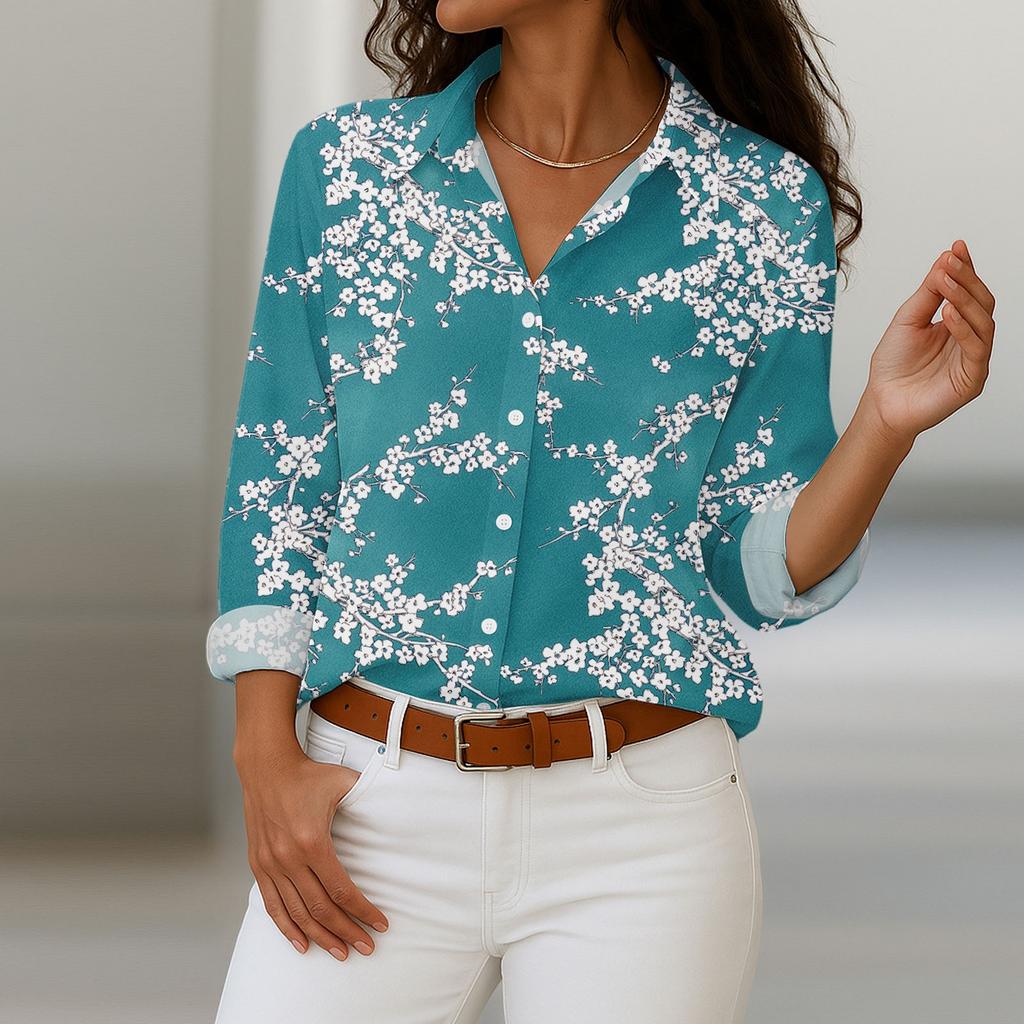 Women's Shirt With Floral Print Buttons, Long Sleeved Casual Regular Shirt  Blouses Casual Plus Size Basic Tops