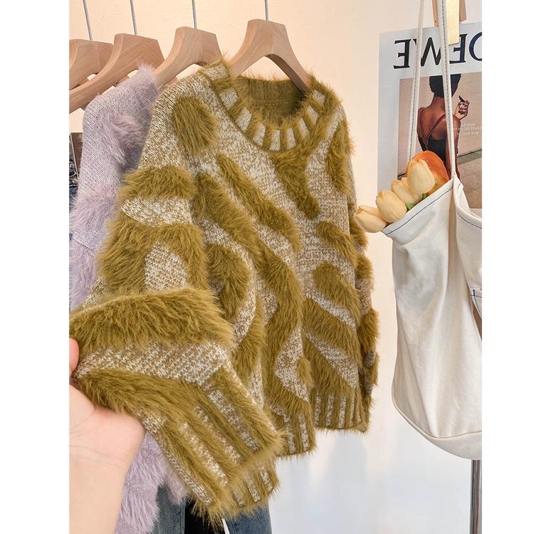 Women's 2026 Autumn/Winter Waterproof Mink Velvet Knit Pullover - Loose Fit, Round Neck, Long Sleeve Sweater