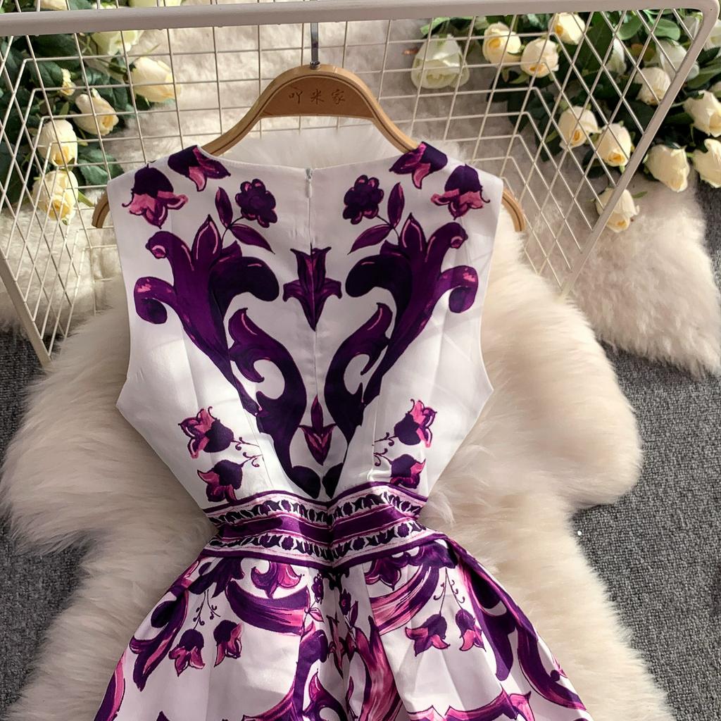 Summer Vintage Designer Print Blue White Porcelain Runway Dress Women Fashion Sleeveless Tank Midi Party Dresses