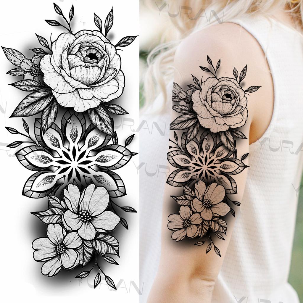 Large Colorful Rose Flower Temporary Tattoos For Girls Women Anchor Fake Gemstone Pendant Tattoo Paste Arm Body Tatoos Creative