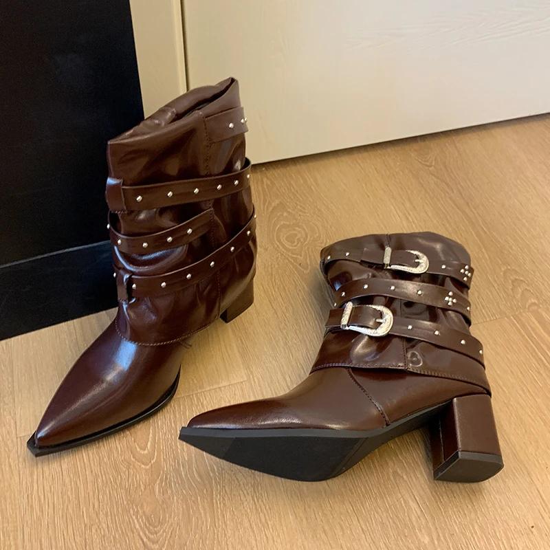 New Spring and Autumn Pointed Block Heel Booties Women Summer Fashion Versatile Rivet Booties Boots