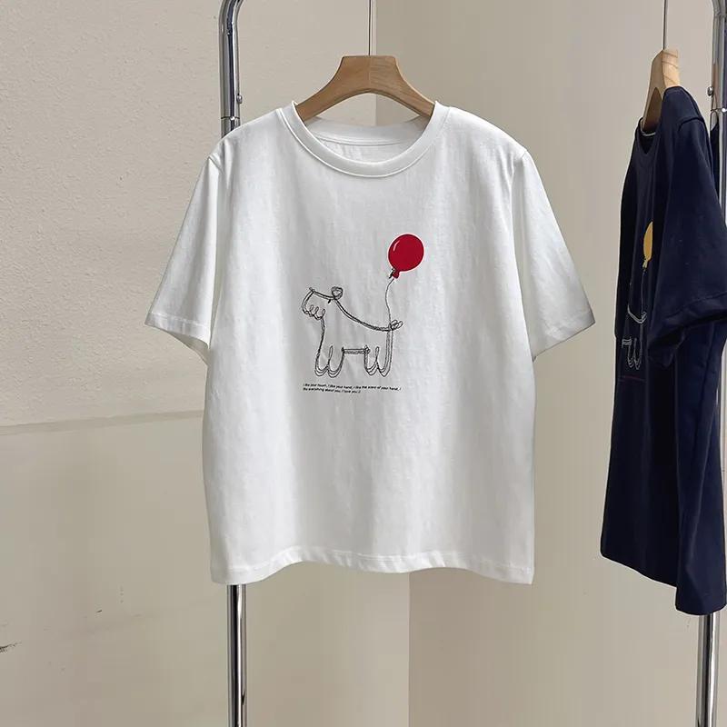 

Women s Cotton Graphic Tee Cute Dog Balloon Print Crew Neck Short Sleeve Loose Fit Summer T-Shirt S білий