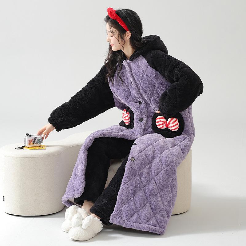 Noční košile Žena Podzim Zima Tři vrstvy Silné se Sametovým Korálovým Sametem Bavlna Dlouhé Termální Župan Pyžamo ve stylu Princezny