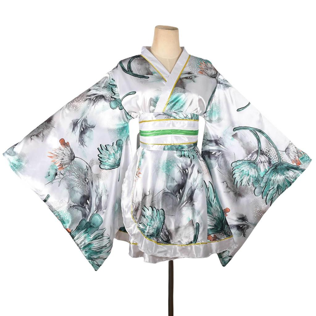 Satin Mini Kimono Dress with Scattered Japanese Yosakoi Cabaret Japanese Clothing X Flowers, Pattern, Yukata, Bathrobe, Women's, Costume, Dress,