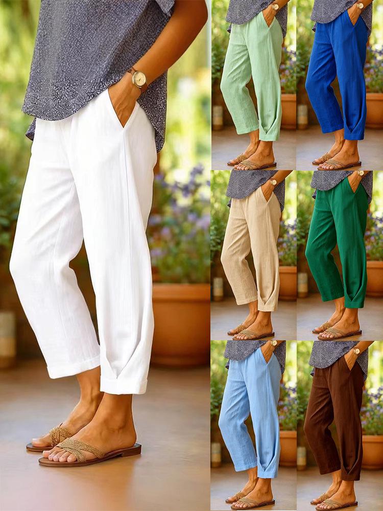 Women's Cotton Linen Elastic Waist Straight Pants