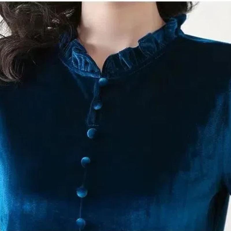 Gold Velvet Women's 2024 Autumn Winter Splicing O-Neck Button Ruffles Fashion Solid Color Minimalist Casual Long Sleeve Top
