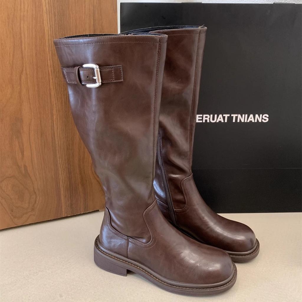 Real soft leather boots women's shoes autumn and winter retro thin boots but knee thick heels high boots knight boots