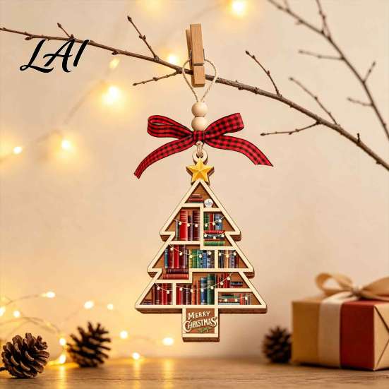 Reusable Christmas Tree Decor Wooden Hollowed Pendant Cross/Christmas Hanging Ornament Decorative Unique Gift for Book Worms Plaid Bow Craft
