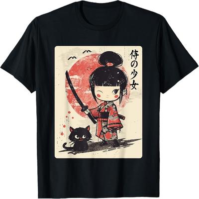 Linda Chica Samurái Kawaii con Katana y Gato Camiseta de Anime Japonés