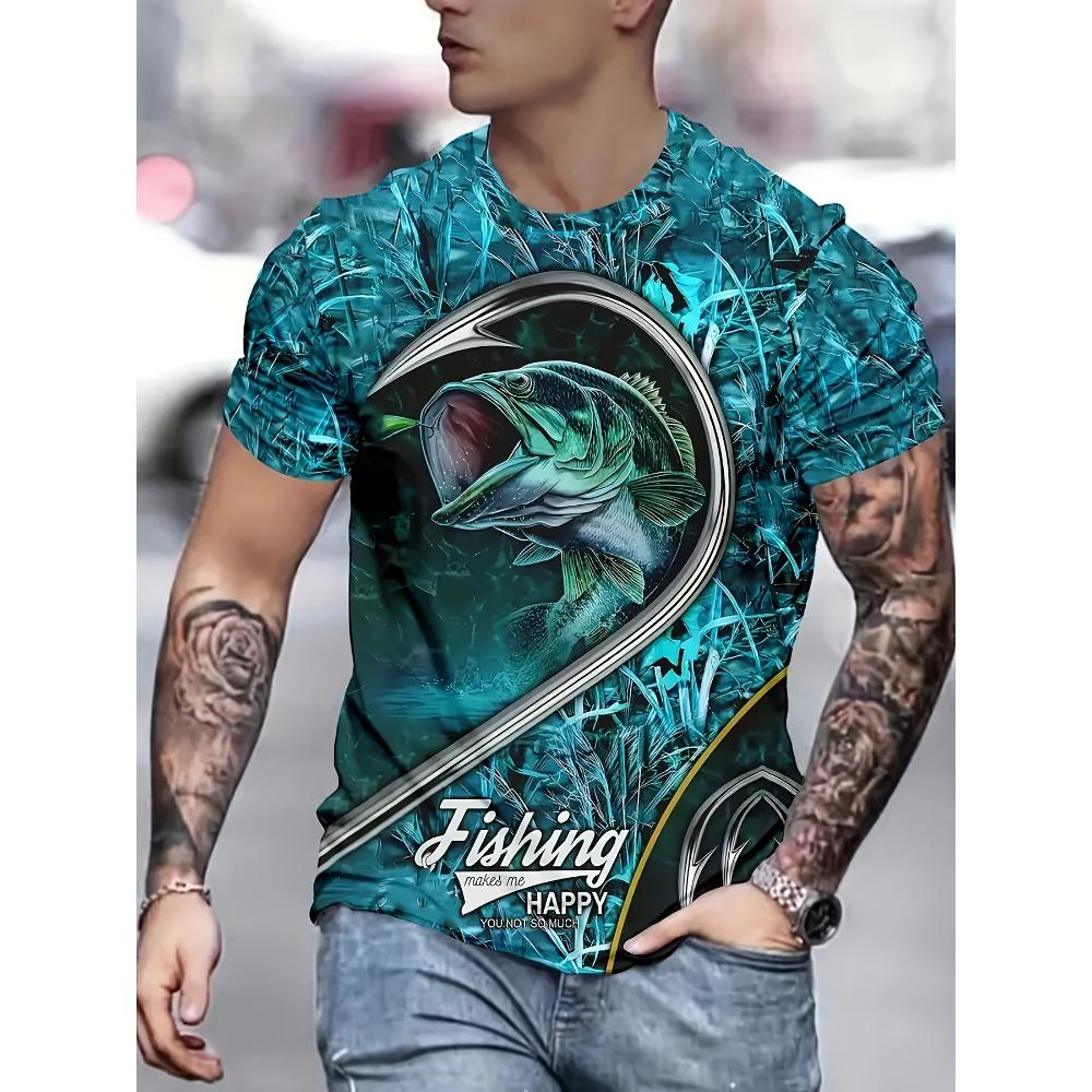

Мужская повседневная футболка с коротким рукавом, 3D принт рыболовного крючка и рыбы, дышащий быстросохнущий полиэстер, круглый вырез, легкая эластичность 6XL