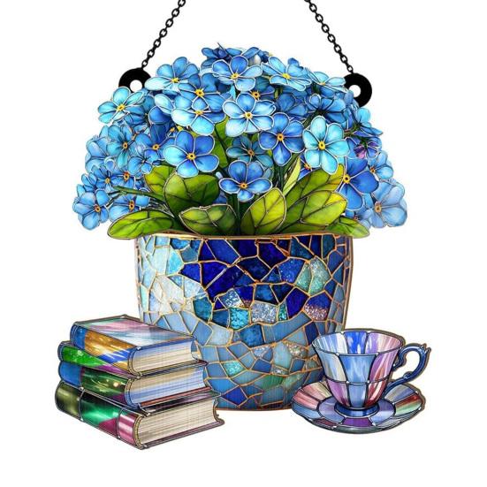 Floral Tea Cup And Book Suncatcher Stained Glass Effect Window Car Hanging Ornament Acrylic Garden Sun Catcher Panel for Women Mom Grandma