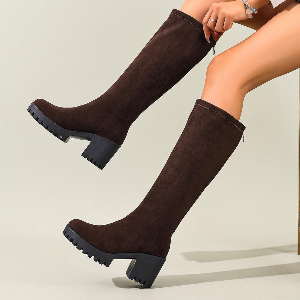 Fashion Winter New Round Toe Sexy and Comfortable Thick Heel Boots, Fashionable and Elegant Outdoor Knee High Knight Boots in Large Size