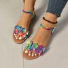 Fashion Plus Size Flat Sandals Spring Summer New Round Toe Open Toe Colorful Flower Studded Soft Sole Non-Slip Roman Shoes