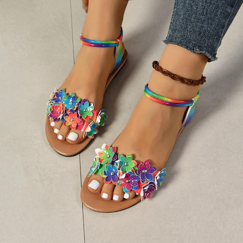 Fashion Plus Size Flat Sandals Spring Summer New Round Toe Open Toe Colorful Flower Studded Soft Sole Non-Slip Roman Shoes