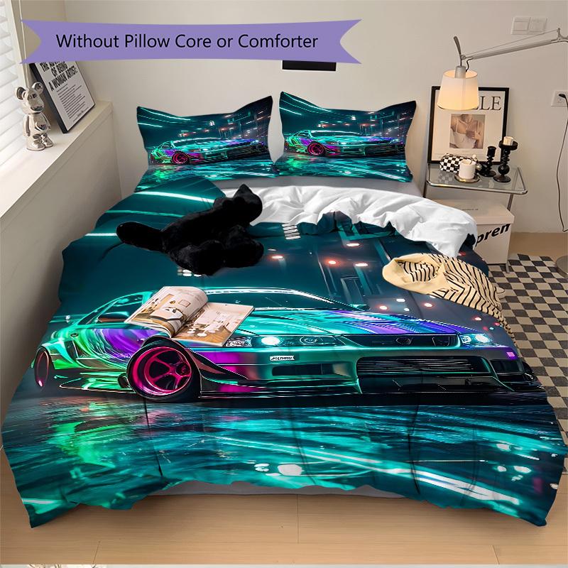 3pcs Neon Racing Bedding Set, Includes 1 Comforter + 2 Pillowcases, Without Pillow Inserts, Soft Comfortable, Lightweight Breathable, Printe