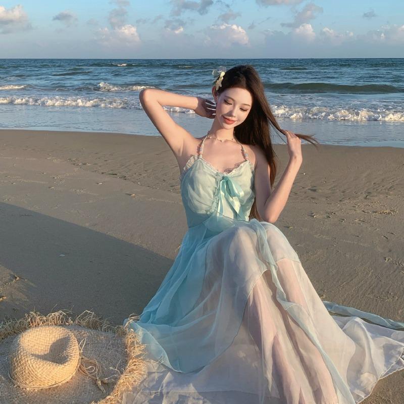 Summer Sense Seaside Photo Vacation Dress Mint Mambo Dopamine Wear Fairy Suspender Long Dress Girl