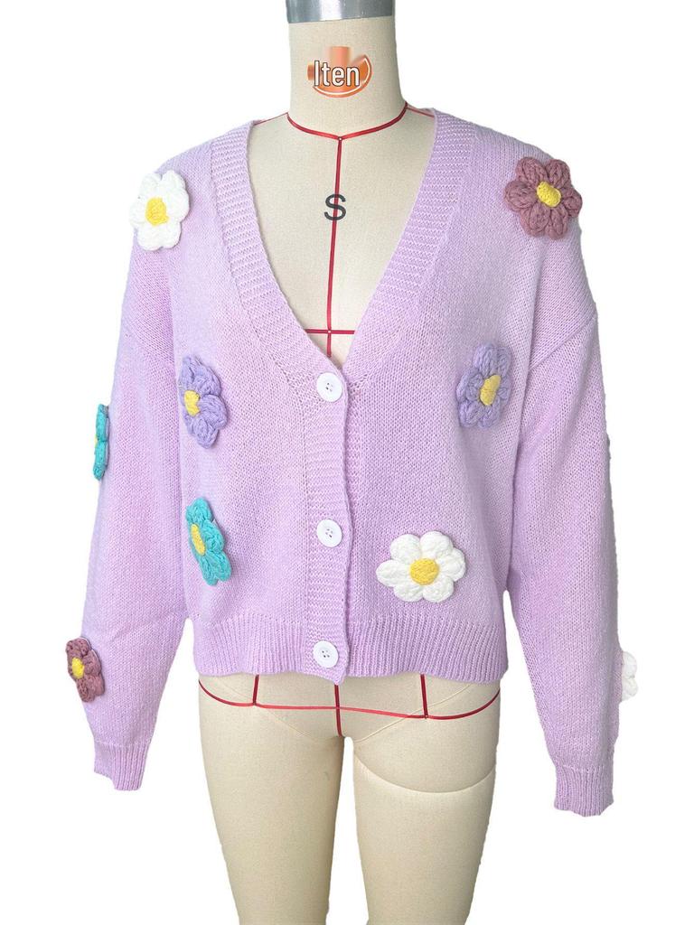 Floral Pattern Button Knit Cardigan - Cute 2024 Loose Long Sleeve Sweater