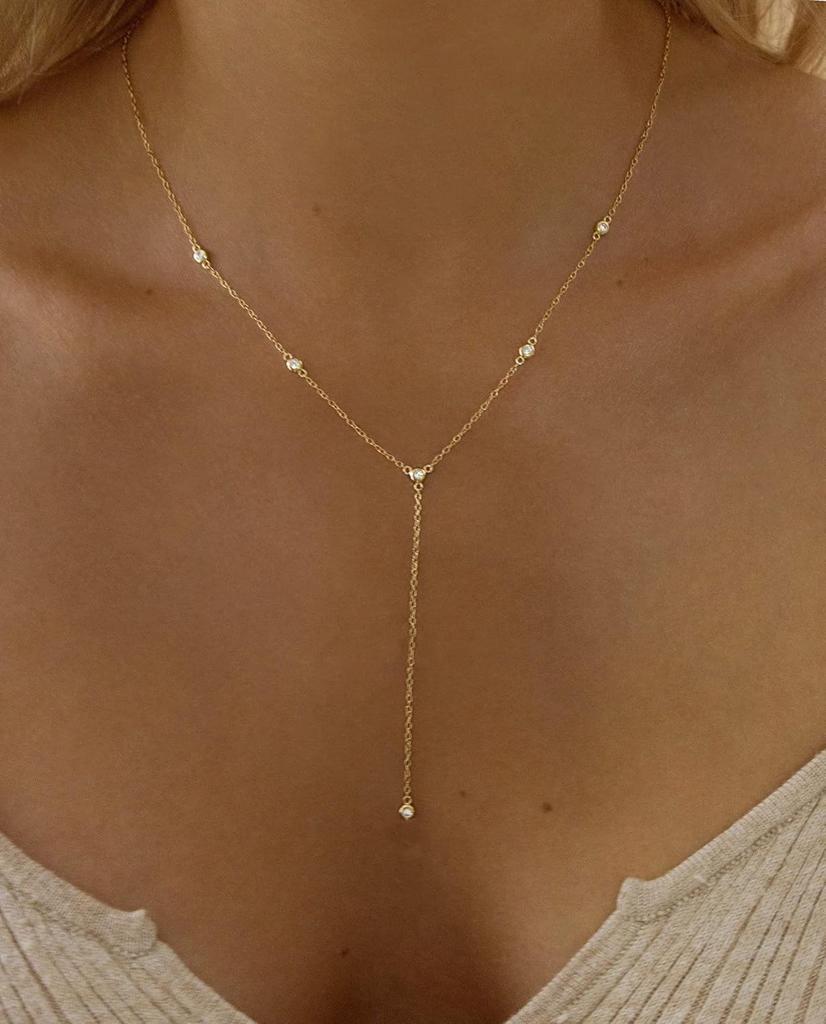 Boho Fashion Jewelry Women Dainty 14 K Gold Necklaces White Gold Plated CZ Lariat Necklace for Women Christmas Gift Fine Jewelry