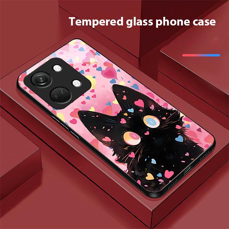 Cute Little Cat For OnePlus Nord 3 5 6T 7 Pro 8 12 10T Reno8 Lite 5G 10R Nord N30 Hard Shell Tempered Glass Phone Case Black