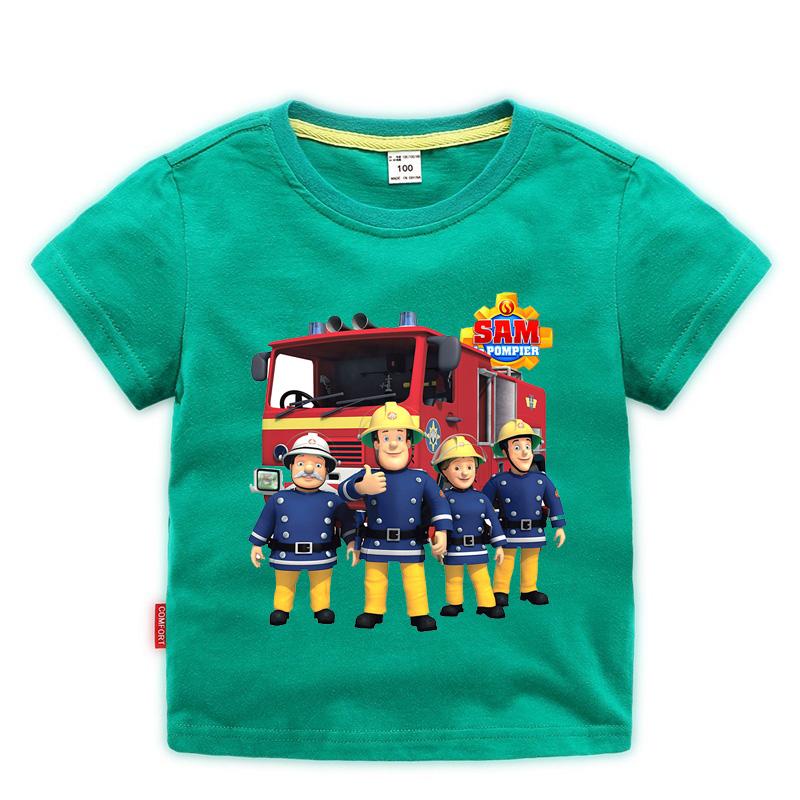 Children Cartoon Fireman Sam Print Cotton Tshirts for Boy Shirt Girl Short Sleeve Tee Top Clothes Kids Clothing Unisex 210Year