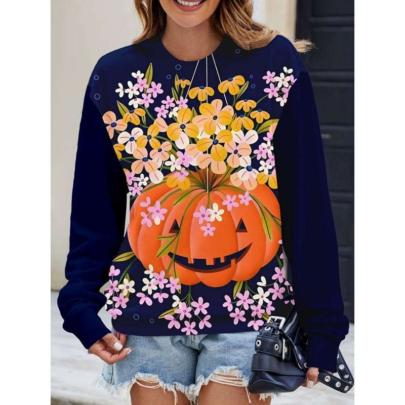 Womens Casual Hoodie With 3D Halloween Print Round Neck Lightweight Breathable Fabric