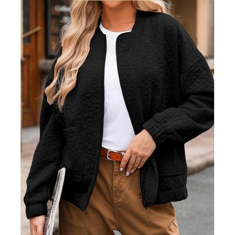 Women's Fall Plus Size Casual Jacquard Cardigan Jacket Lightweight Zipper Solid Color Long Sleeve Jackets