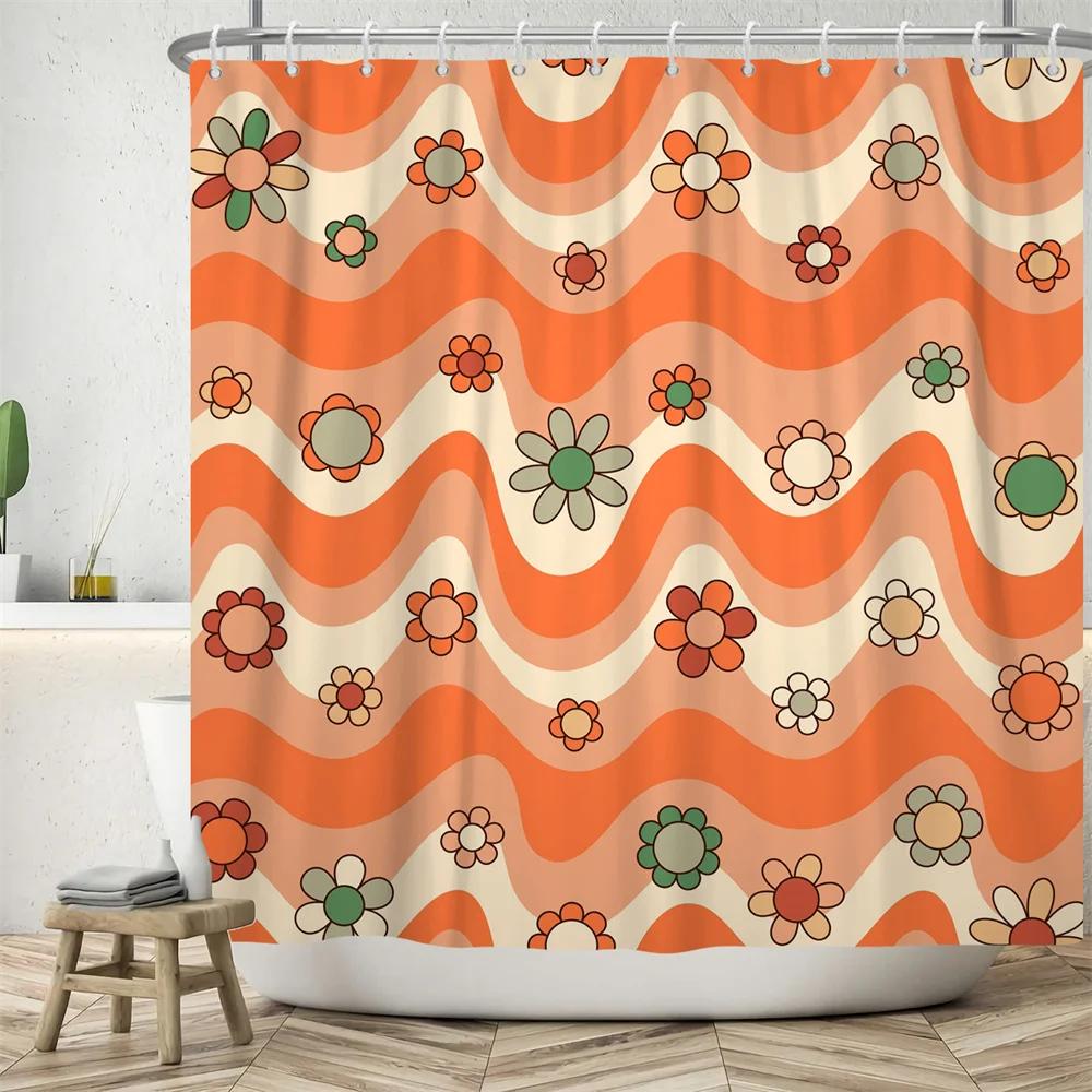 70's Colorful Flowers Shower Curtain Rainbow Mushroom Printing Bathroom Curtains Polyester Waterproof Bathtub Screen with Hooks