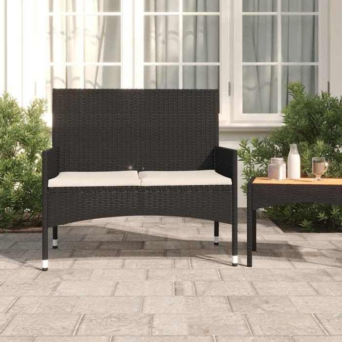 VidaXL Banc de Jardin à 2 Places avec Coussins Noir Résine Tressée, siège, chaise de banc, banc de patio, siège de banc, 319488