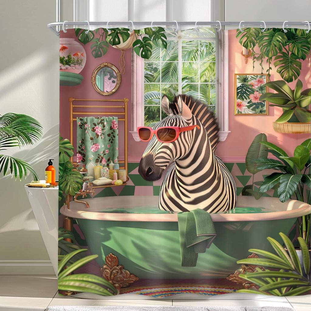 Funny Zebra Shower Curtain 60Wx72L Inch Fun Wild Animal in Bathtub Hilarious Cool Modern Tropical Green Leaves Plant Summer Bath
