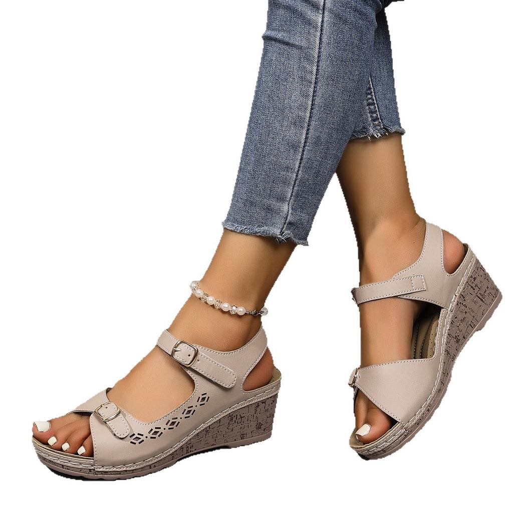 New sandals women's wedge heel Velcro thick sole large size one-word sandals