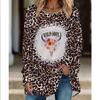 Plus Size Women Fashionable Personality  Leopard Printed Comfy Long Sleeve Round Collar T-shirt Casual Baggy Mid Length Tee Tops