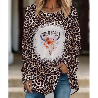 Modna osobowość dla kobiet plus size, wygodny T-shirt z długim rękawem i okrągłym dekoltem w panterkę, casualowy, luźny, o średniej długości.
